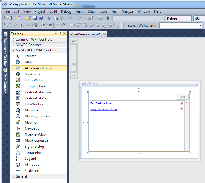 Example of the AttachmentEditor Control on the XAML design surface of a WPF application.