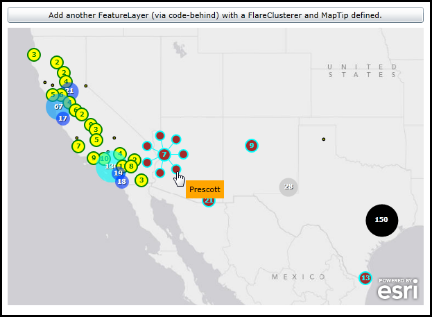 Adding a FeatureLayer with a FlareClusterer and MapTip defined (via XAML and code-begind).