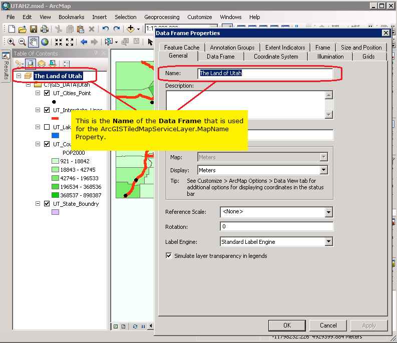 Changing the Name value of the Data Frame in ArcMap.