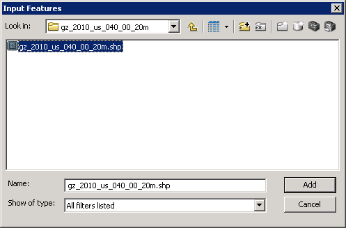 Navigate to and add the shapefile in the Input Features dialog.