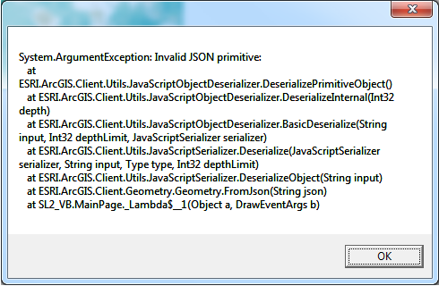 Example error message when passing invalid JSON to the FeatureLayerInfo.FromJson Method.