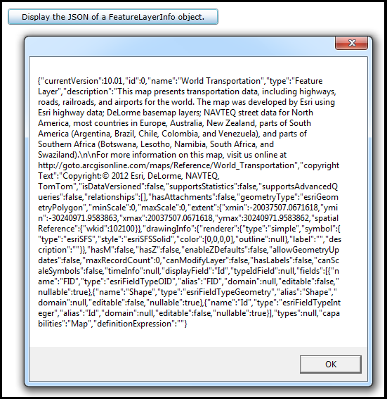 Displaing the JSON from a FeatureLayerInfo object.