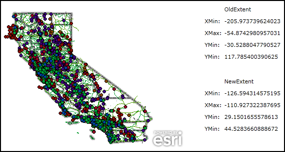 Demonstrating the OldExtent and NewExtent values from the Map.ExtentChanged Event.