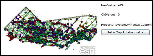 Demonstrating the obtaining the DependencyPropertyChangedEventArgs values from the Map.RotationChanged Event.