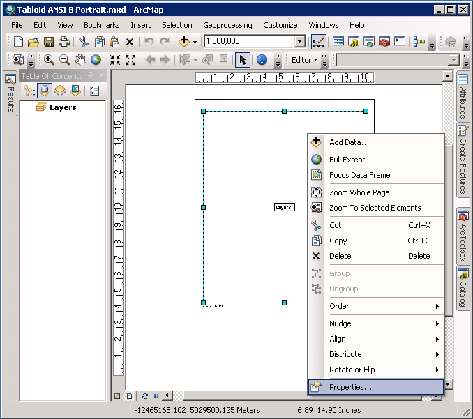 Opening the 'Tabloid ANSI B Portrait.mxd' file and choosing Properties from the context menu for the Data Frame.