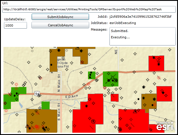 Demonstrating how to use the PrintTask.SubmitJobAsync Method for an asynchronous geoprocessing task.