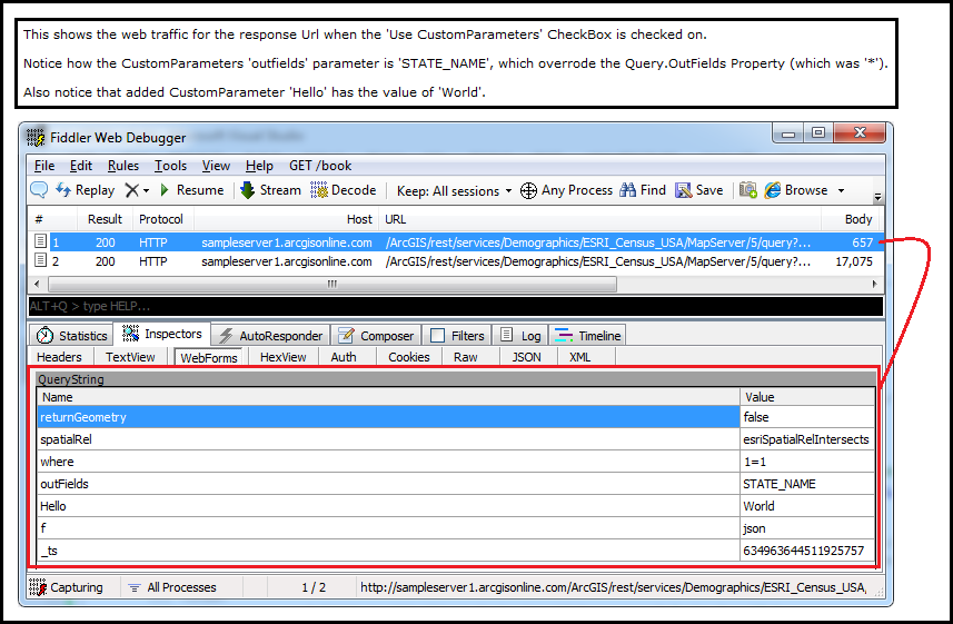 Viewing the results of using CustomParameters in Fiddler.