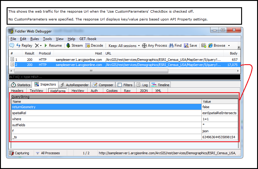 Viewing the results of not using CustomParameters in Fiddler.