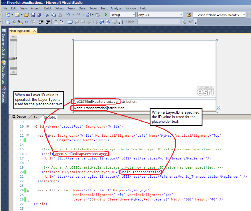 Example of the visual appearance of the Attribution Control at design-time when the Attribution.Layers Property is bound to the Map.Layers Property.