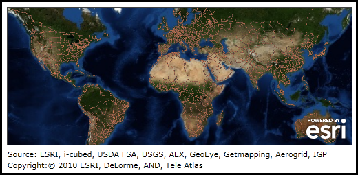 Example of the visual appearance of the Attribution Control at run-time when the Attribution.Layers Property is bound to the Map.Layers Property.