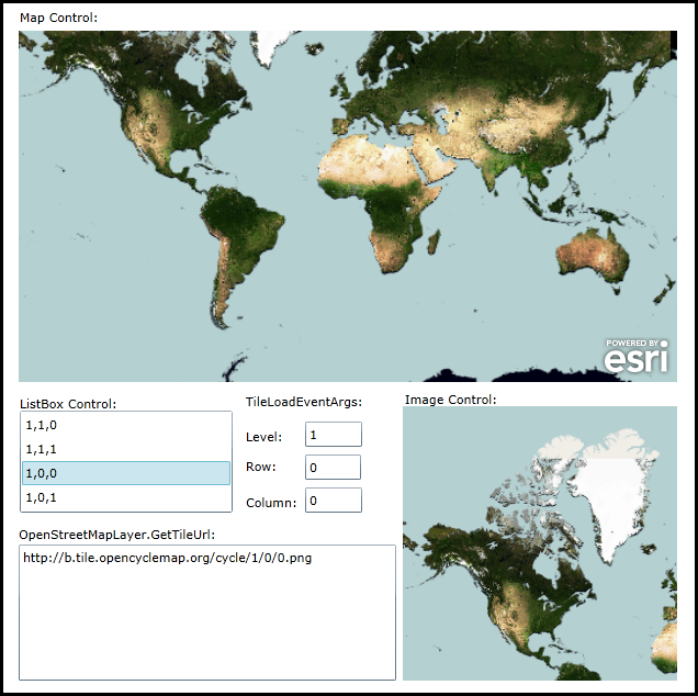 Displaying individual tile images and their Url values for an OpenStreetMapLayer.