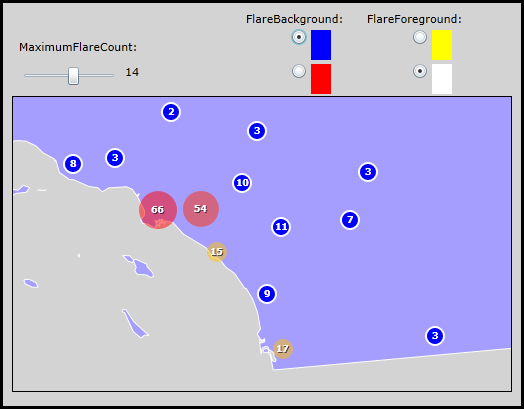 Modifying the FlareClusterer's: .MaximumFlareCount, .FlareBackground, and .FlareForeground.