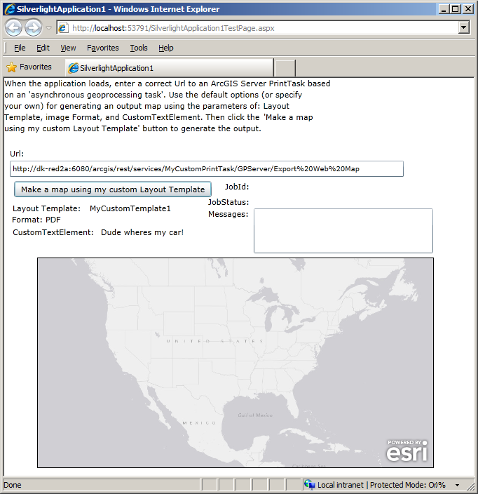 Click the 'Make a map using my custom Layout Template' button in the custom Silverlight application.