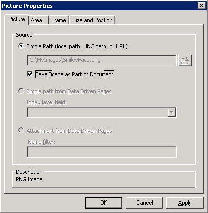 The Picture Properties dialog. Make sure the 'Save Image as Part of Document' is checked.